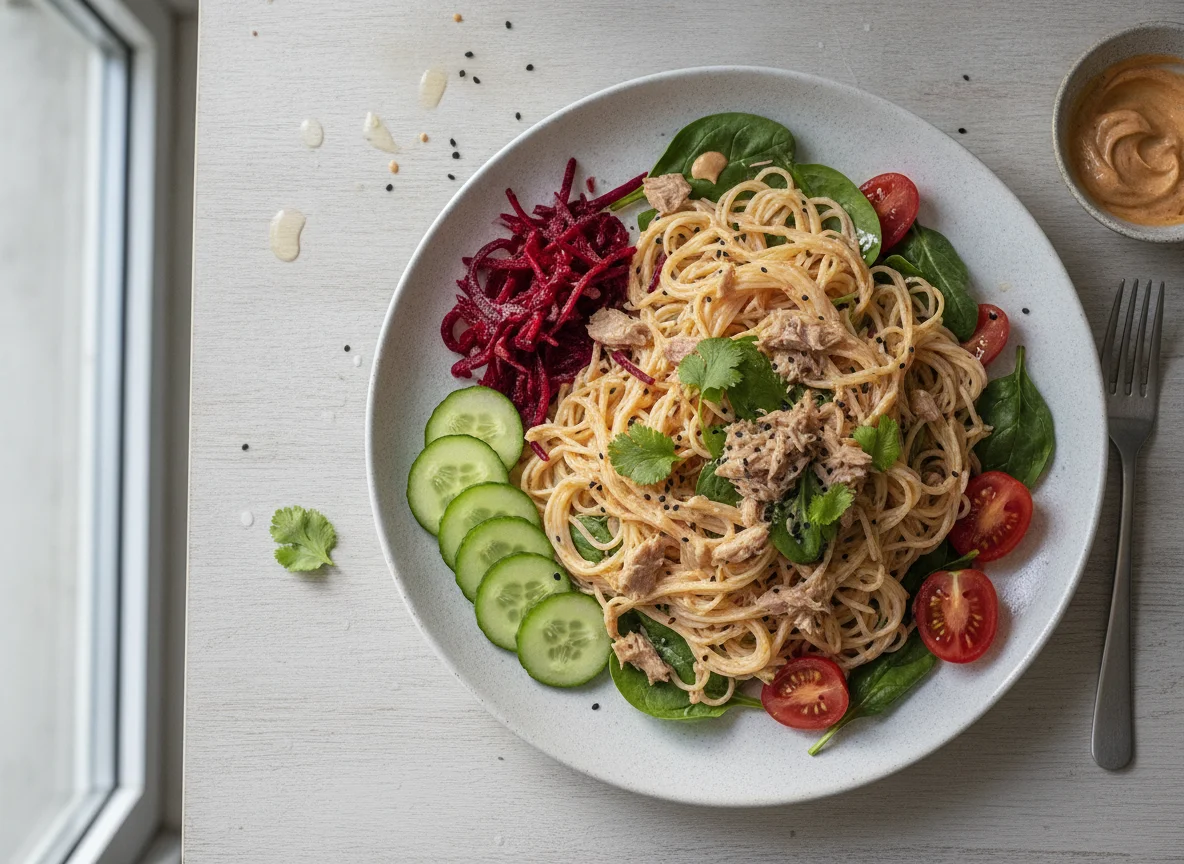 Ensalada de fideos de arroz con atún y verduras photo