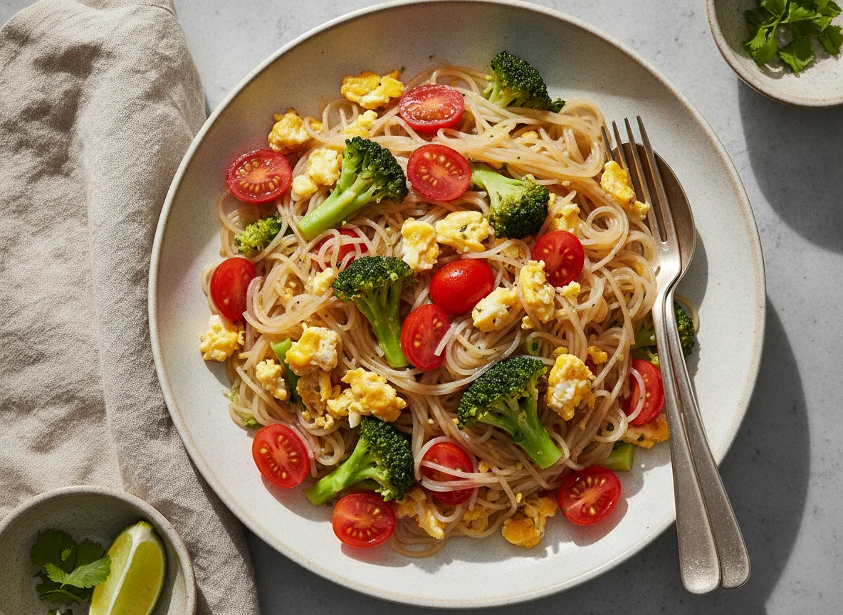 Ensalada de fideos de arroz con brócoli y tomates cherry photo