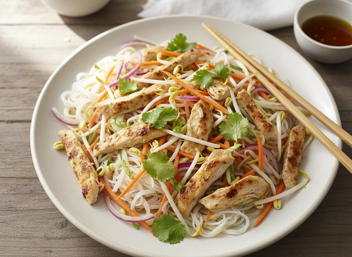 Ensalada de fideos de arroz con pollo y verduras photo