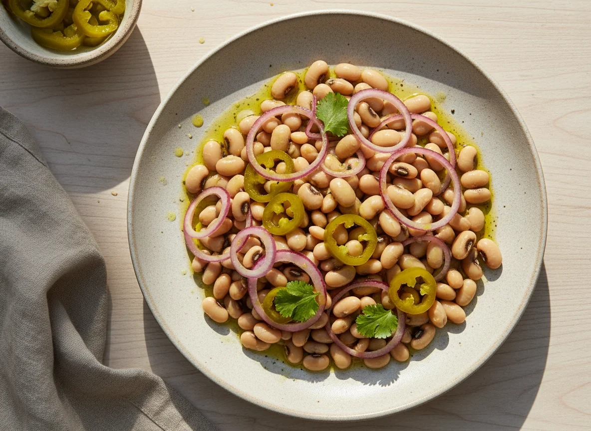 Ensalada de frijoles carita con cebolla y chiles photo