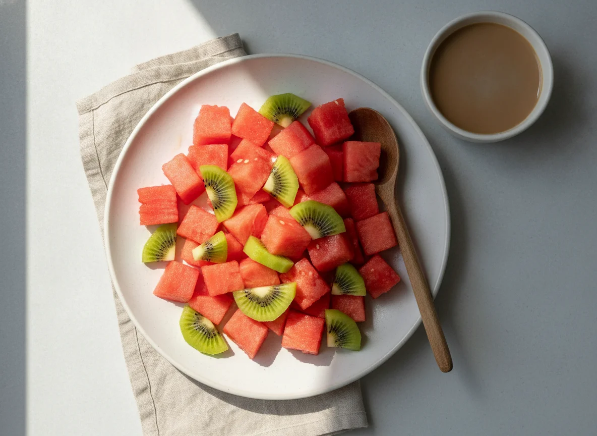 Ensalada de frutas con café con leche photo