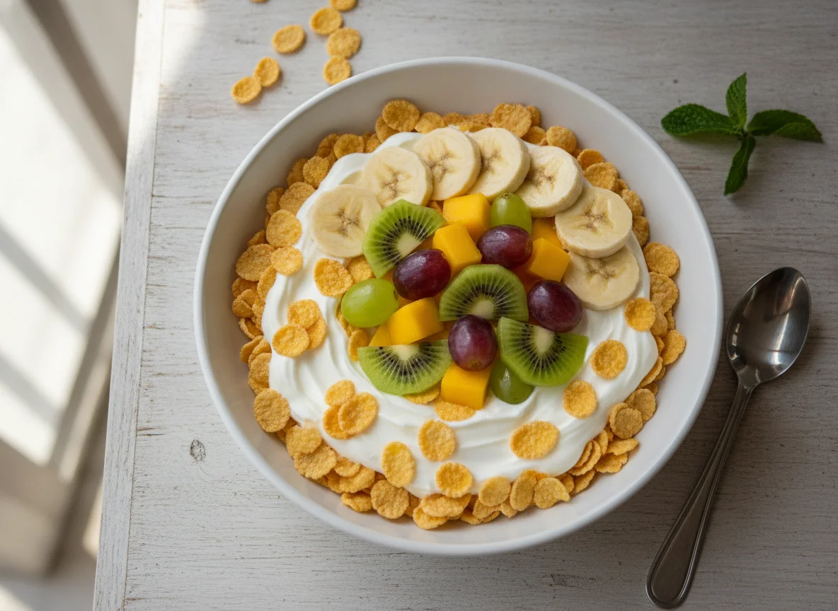 Ensalada de frutas con cereales y yogur photo