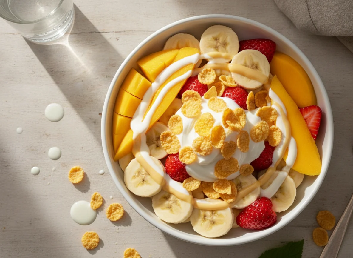 Ensalada de frutas con crema y cereal photo