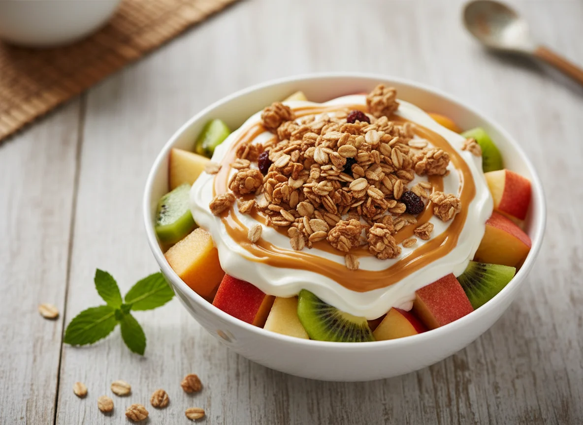 Ensalada de frutas con crema y granola photo