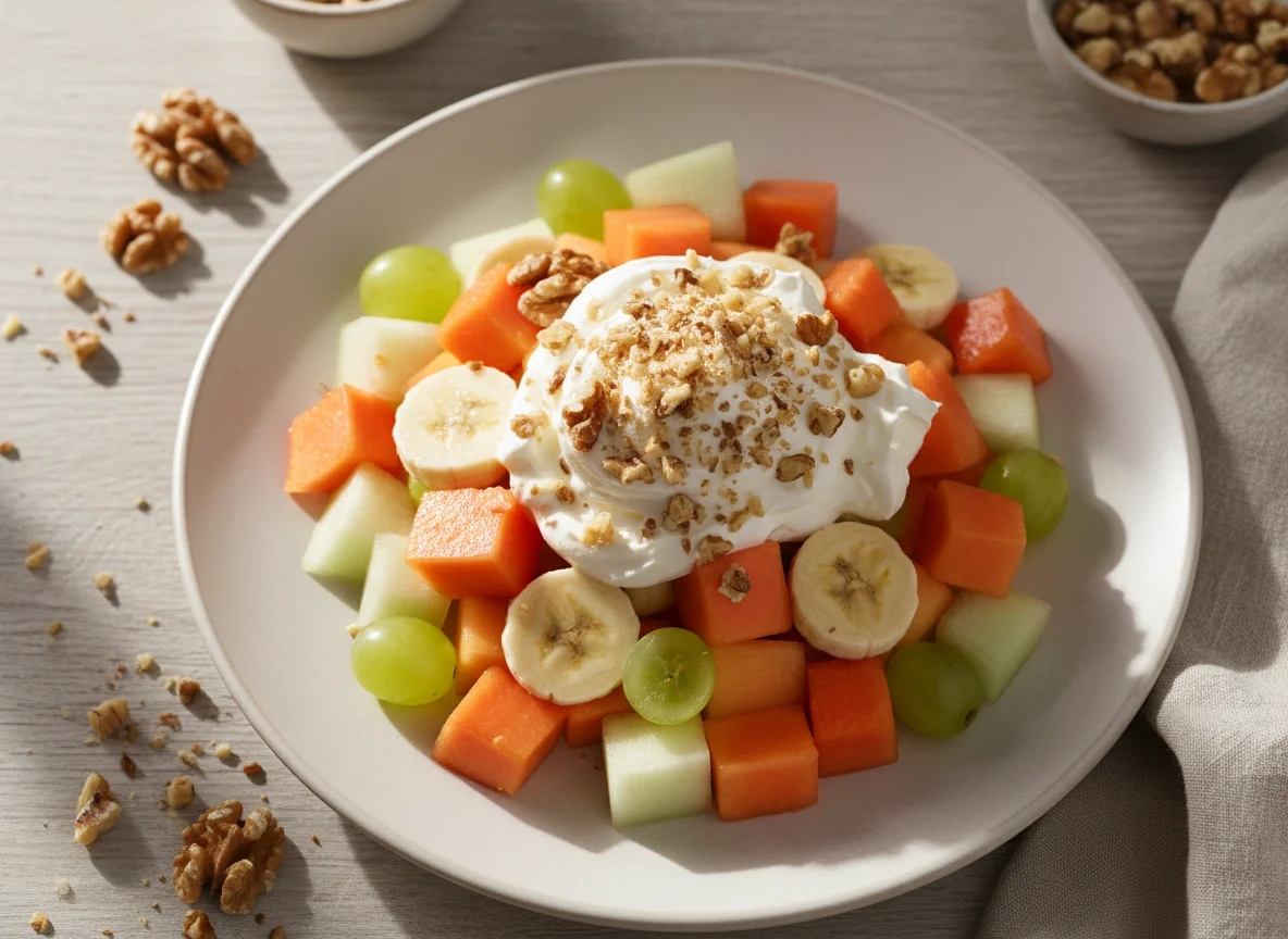 Ensalada de frutas con crema y nueces photo