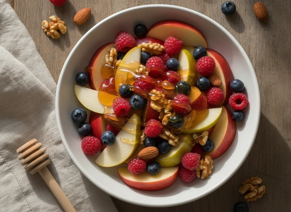 Ensalada de frutas con frutos rojos y miel photo