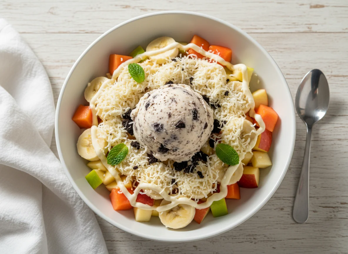 Ensalada de frutas con helado y queso photo