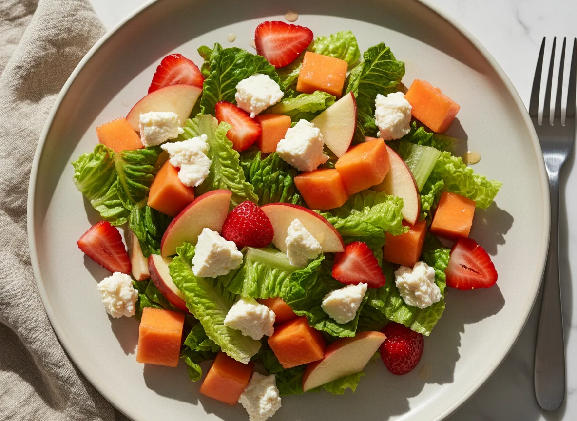 Ensalada de frutas con lechuga y queso photo