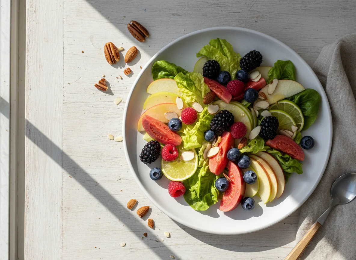 Ensalada de frutas con nueces y almendras photo