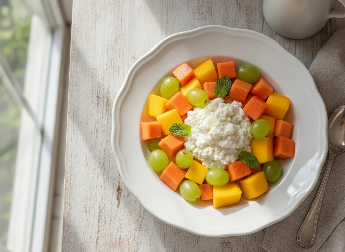 Ensalada de frutas con queso cottage photo