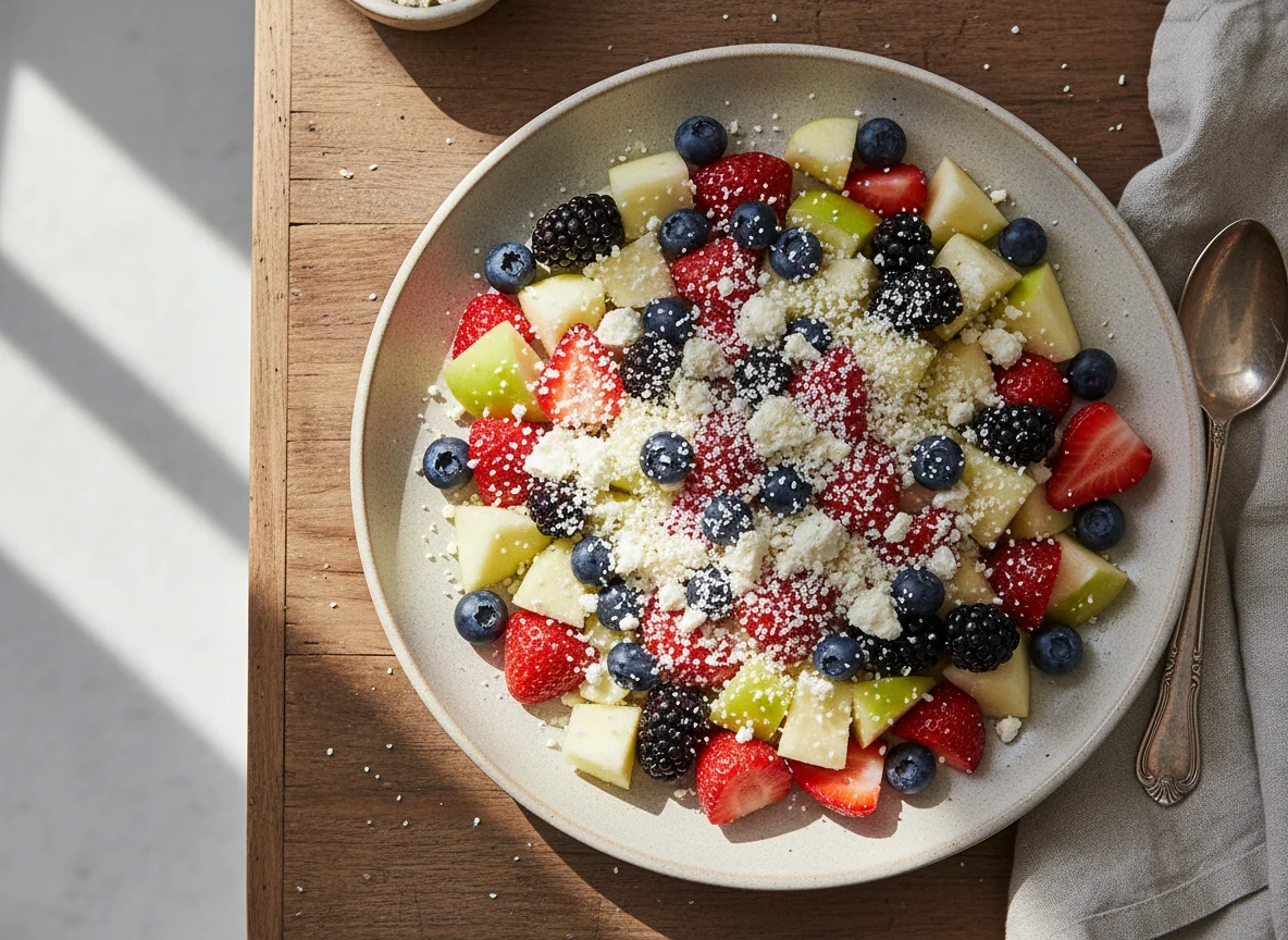 Ensalada de frutas con queso y frutos rojos photo
