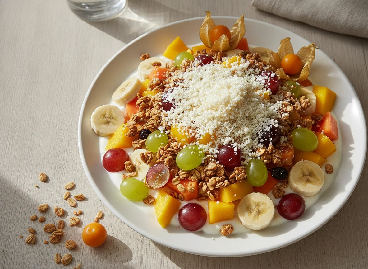 Ensalada de frutas con queso y granola photo