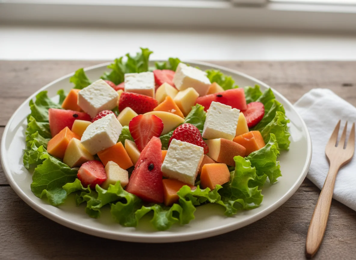Ensalada de frutas con queso y lechuga photo