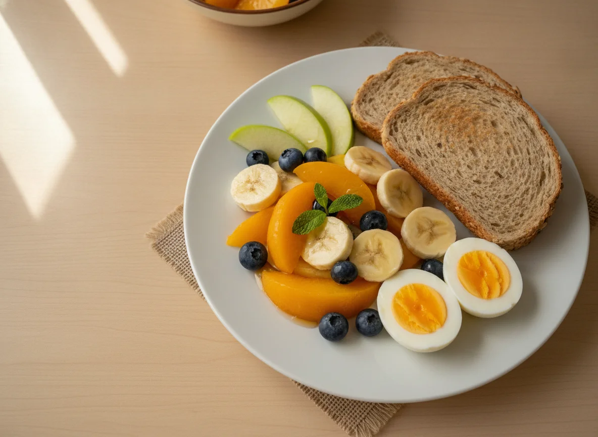 Ensalada de frutas con tostada de pan integral y huevo duro photo