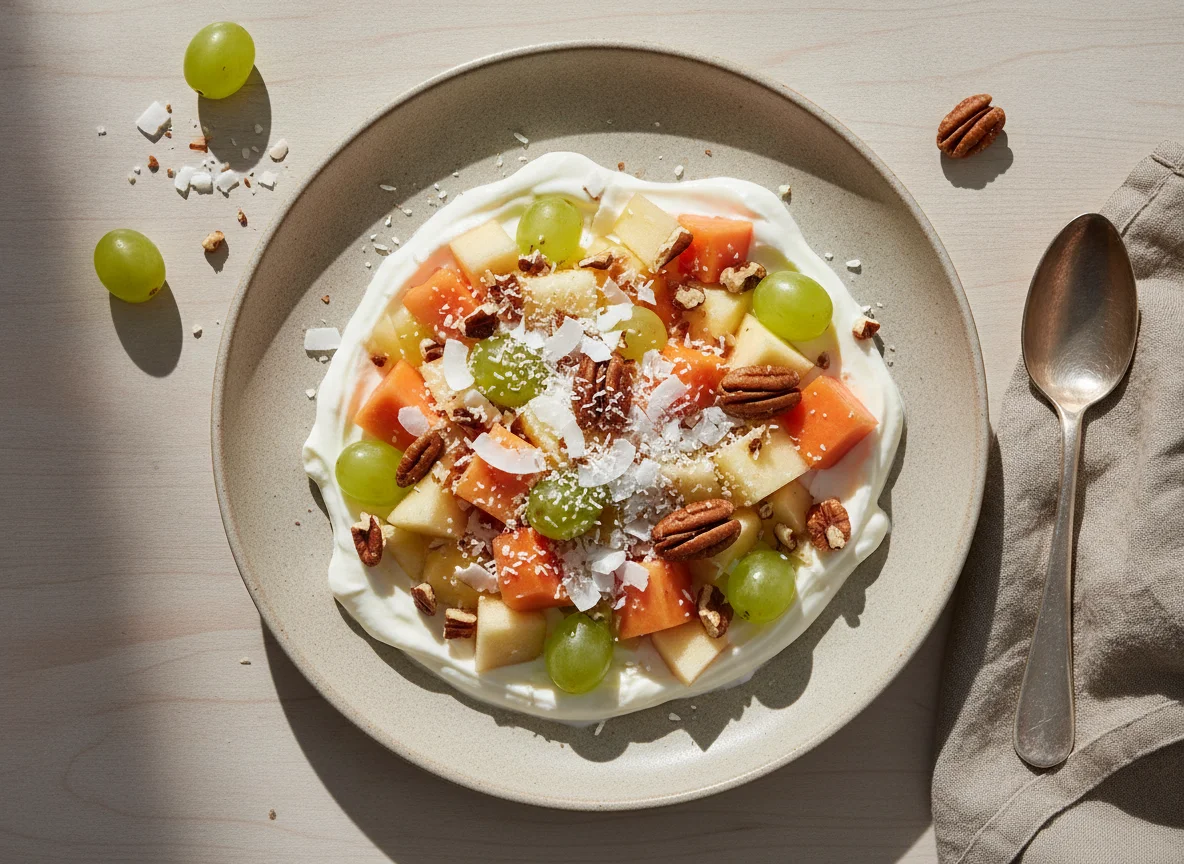 Ensalada de frutas con yogur, nueces y coco photo