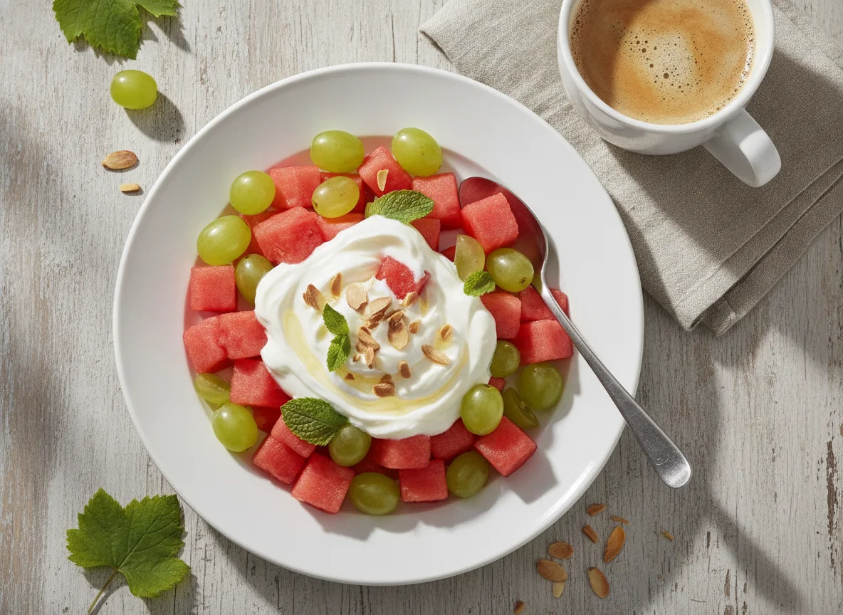 Ensalada de frutas con yogur y café con leche photo