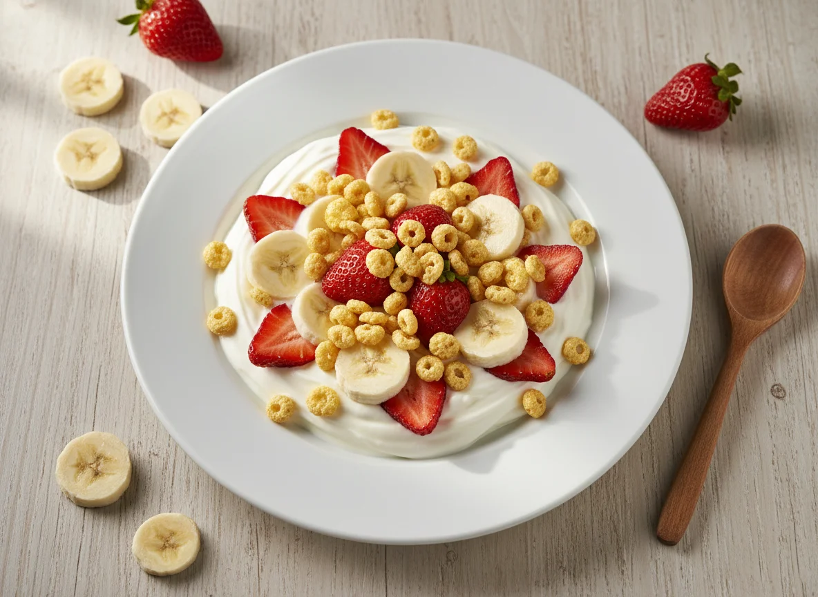 Ensalada de frutas con yogur y cereal photo