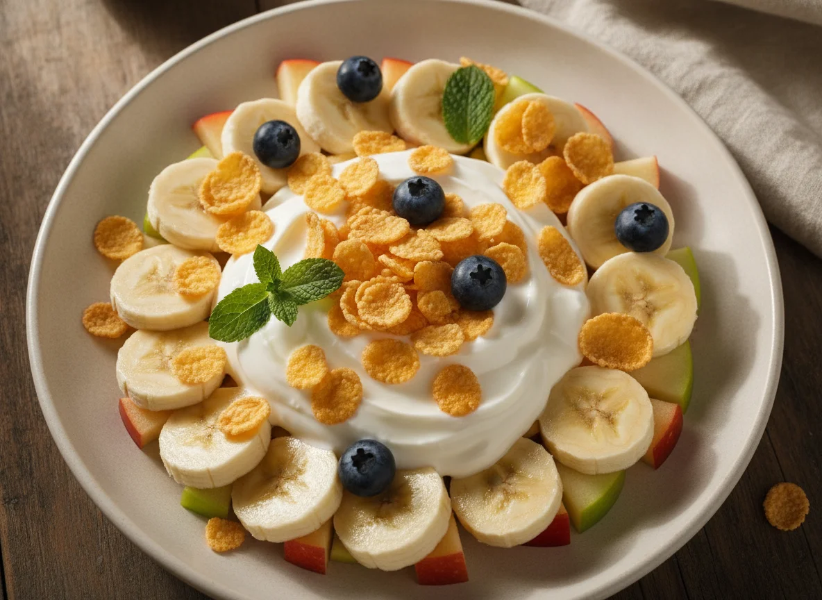 Ensalada de frutas con yogur y cereales photo