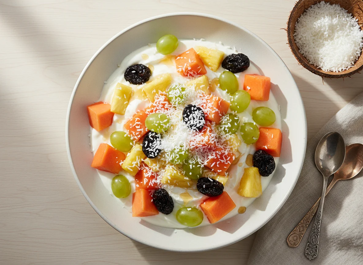 Ensalada de frutas con yogur y coco photo