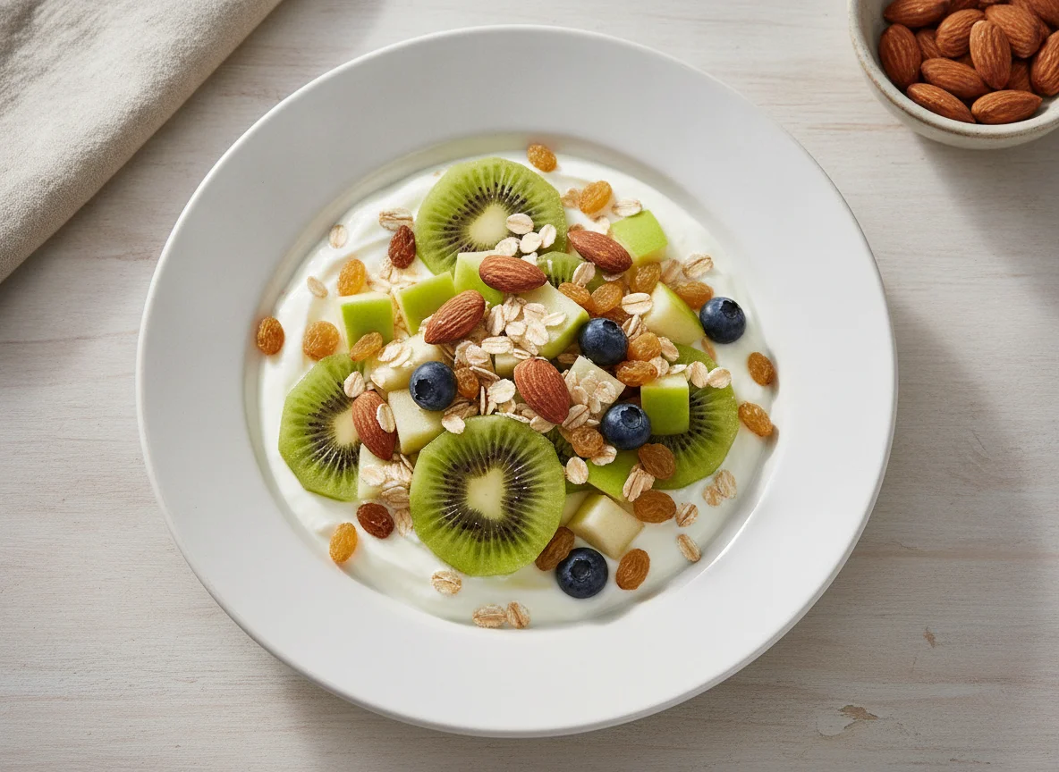 Ensalada de frutas con yogur y frutos secos photo