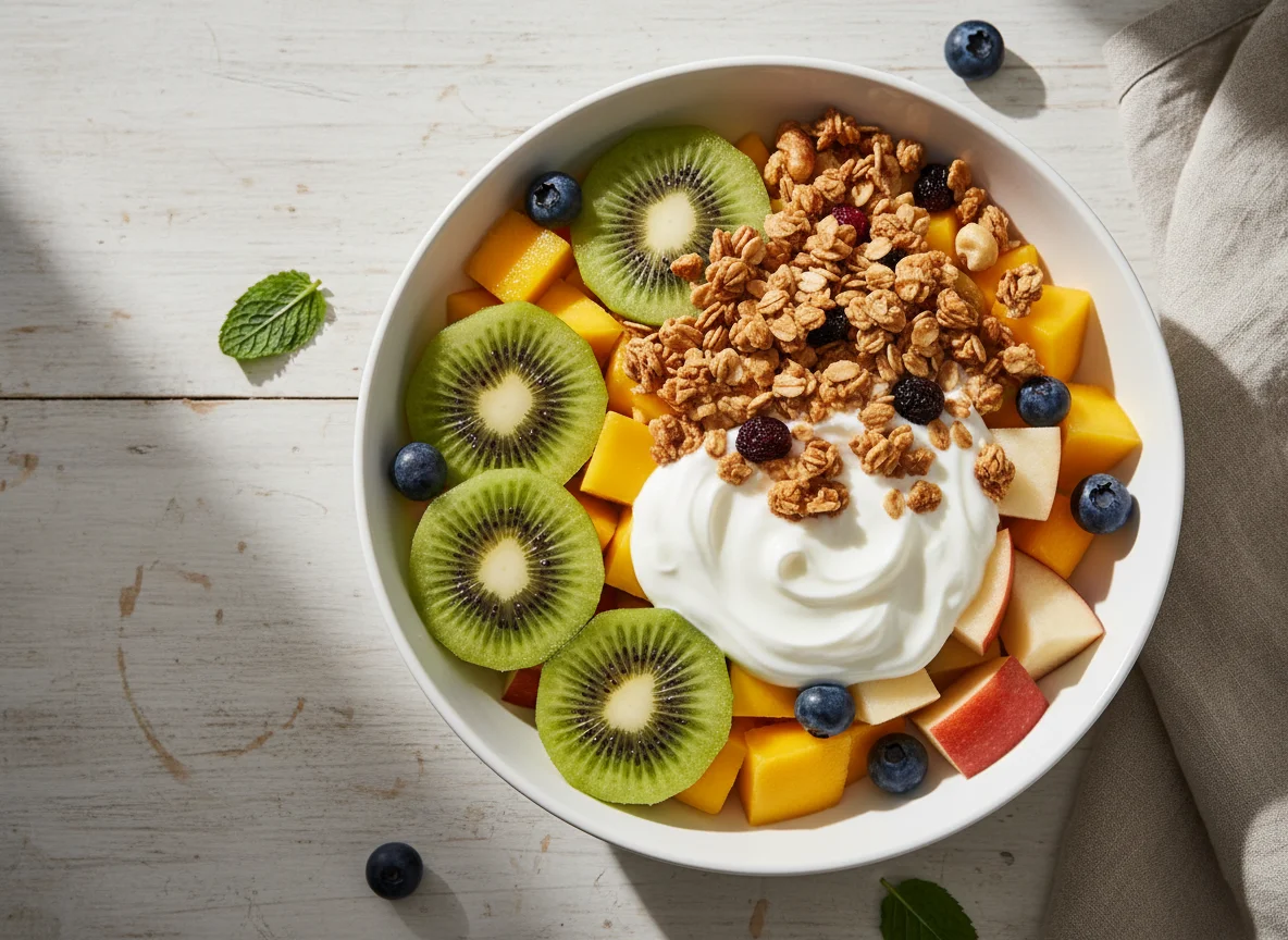 Ensalada de frutas con yogur y granola photo