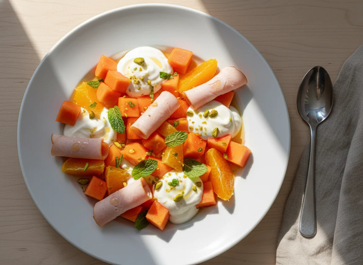 Ensalada de frutas con yogur y jamón photo