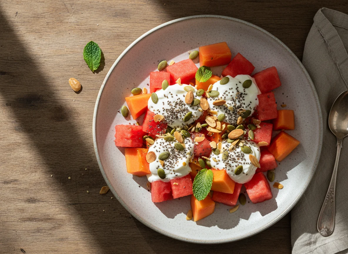 Ensalada de frutas con yogur y semillas photo