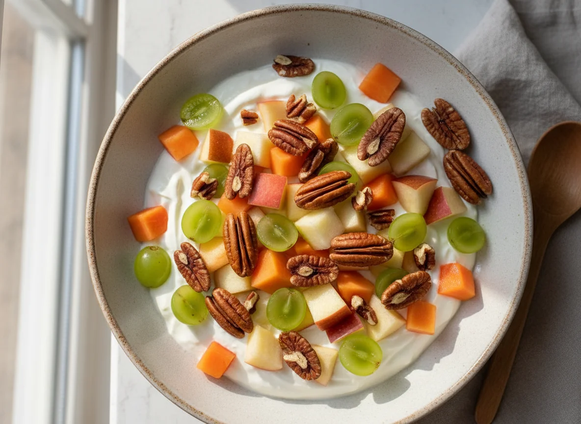 Ensalada de frutas con yogurt griego y nueces photo