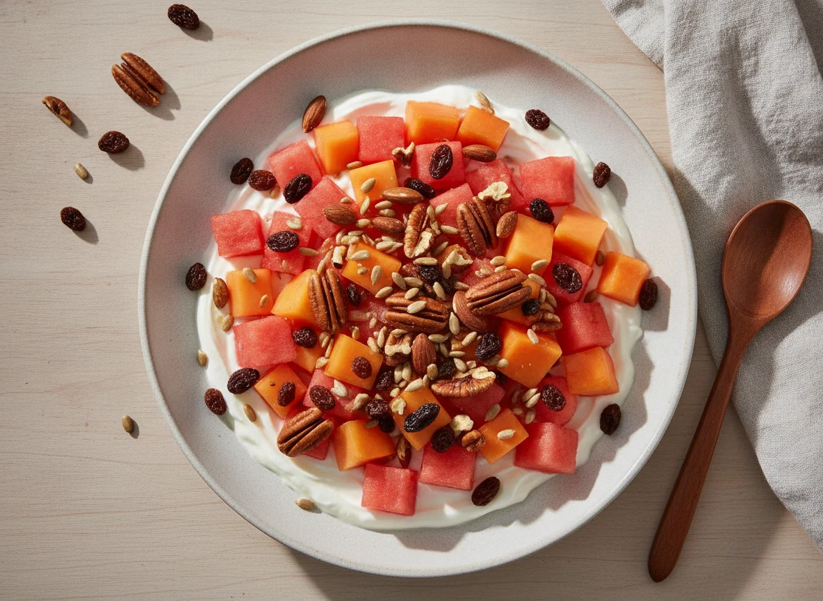 Ensalada de frutas con yogurt y frutos secos photo