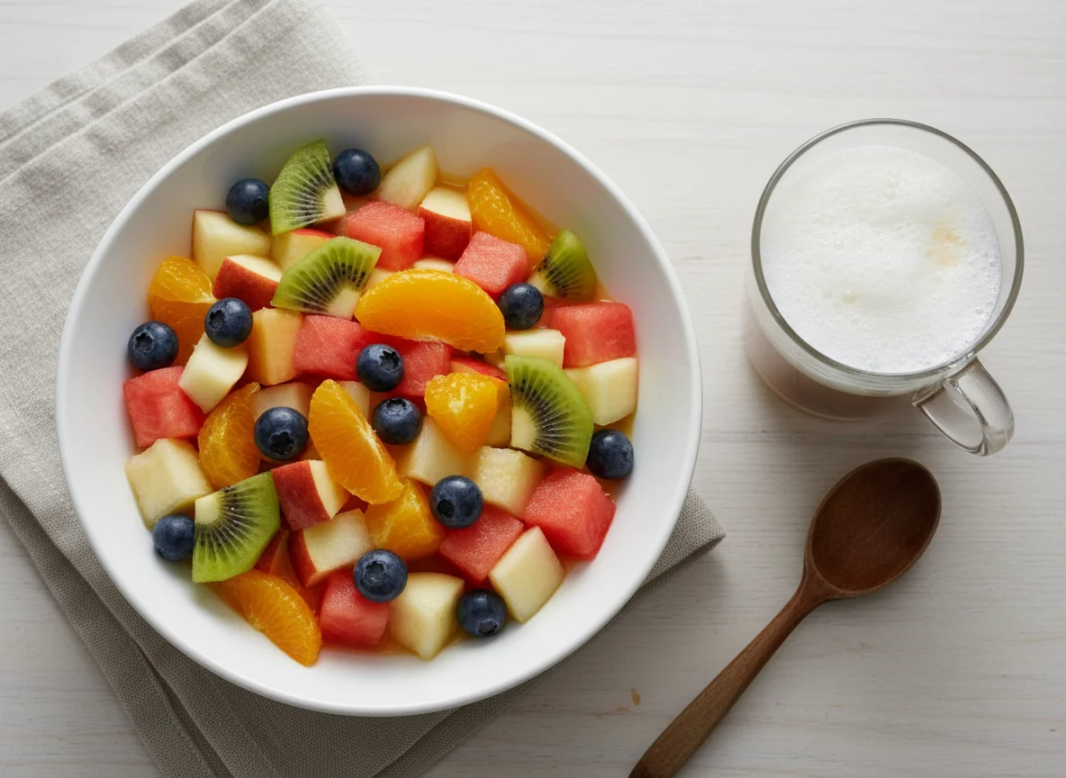 Ensalada de frutas y café con leche photo