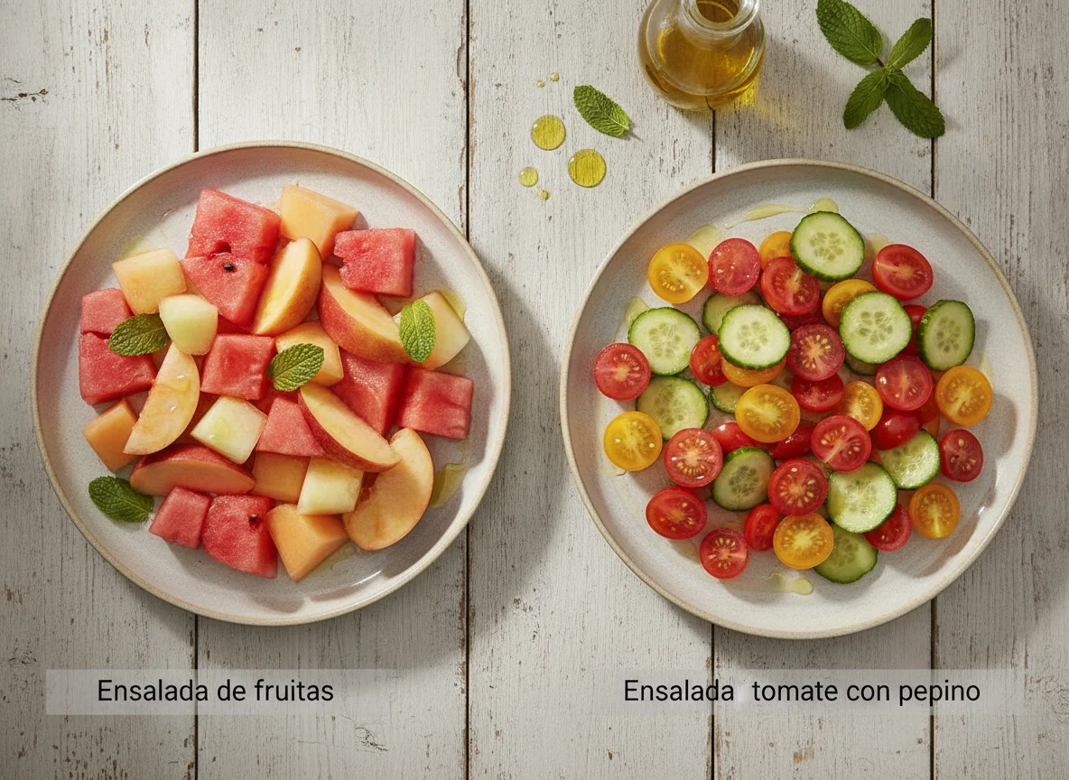Ensalada de frutas y ensalada de tomate con pepino photo