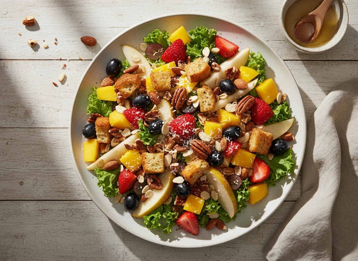 Ensalada de frutas y nueces con crutones photo