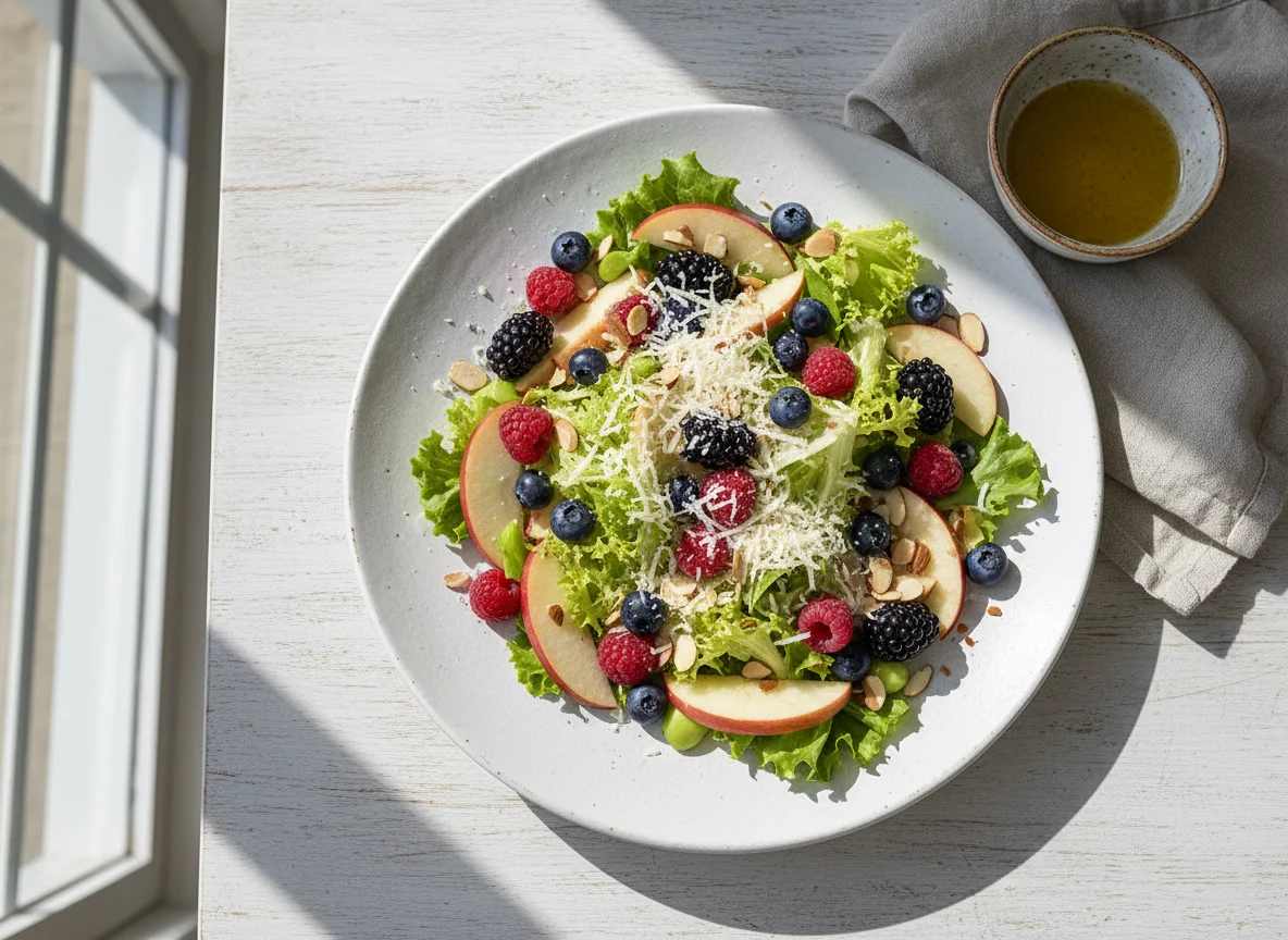 Ensalada de frutos rojos y manzana con queso y almendras photo