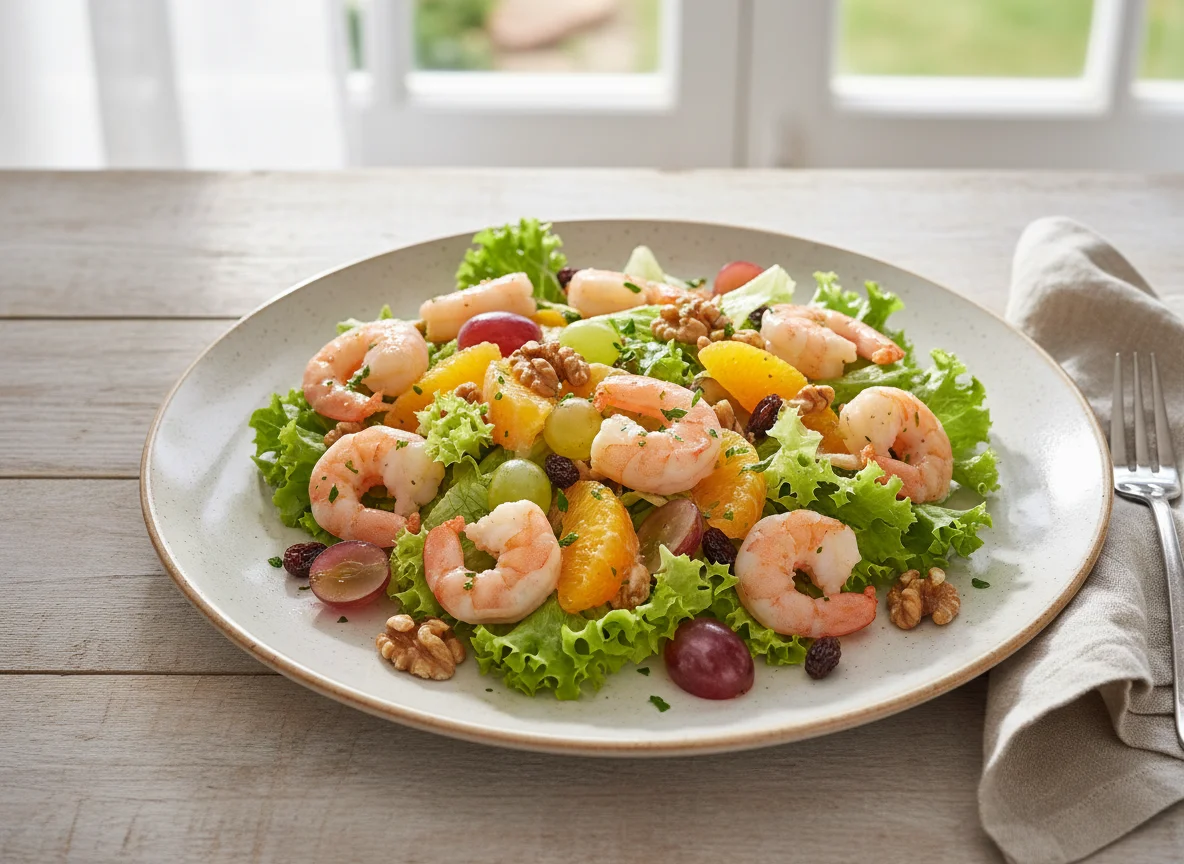 Ensalada de gambas con frutas y frutos secos photo
