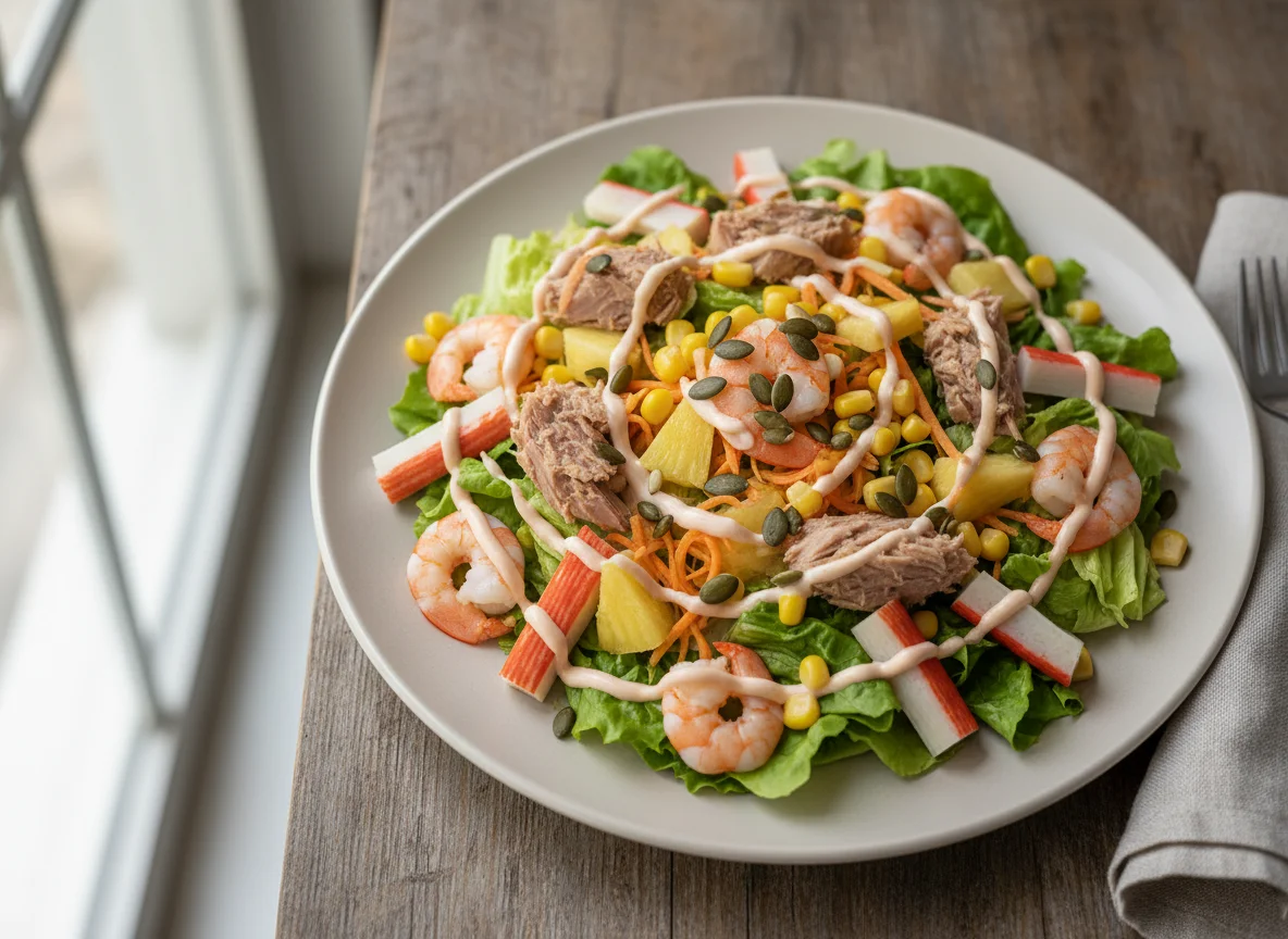 Ensalada de gambas y atún con salsa rosa photo