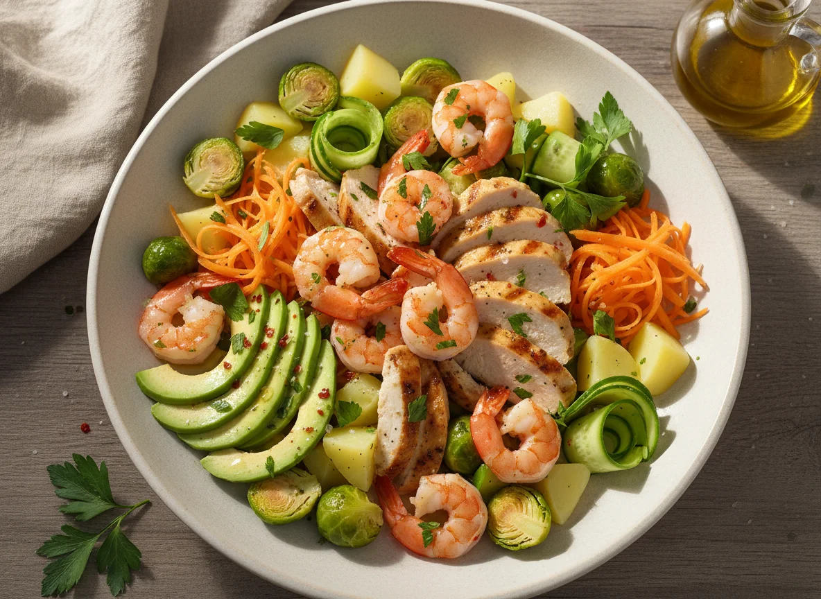 Ensalada de gambas y pollo con verduras photo