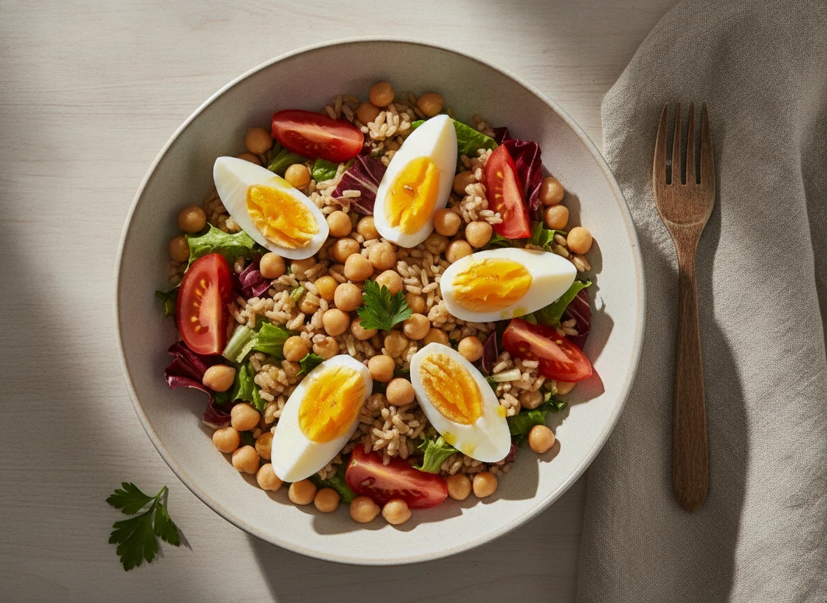 Ensalada de garbanzos, arroz integral, huevo y tomate photo
