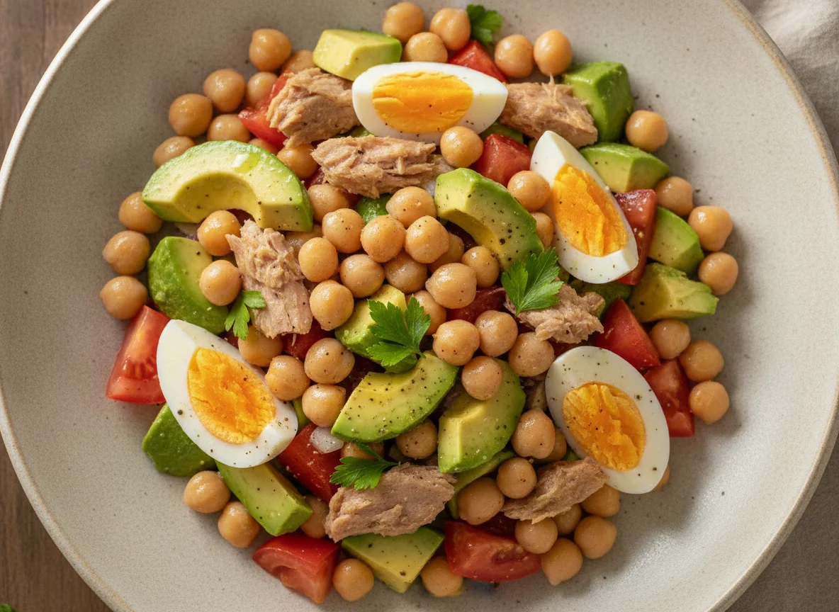 Ensalada de garbanzos con aguacate y atún photo