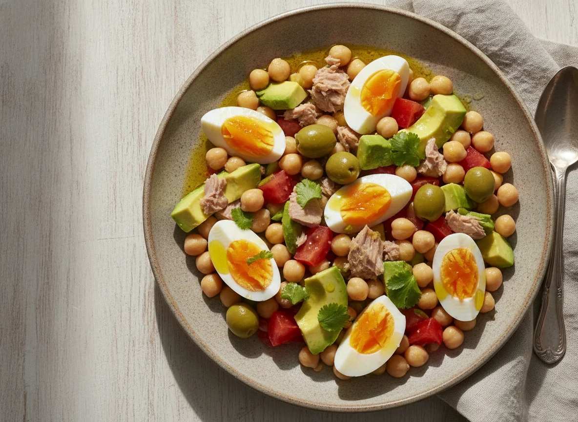 Ensalada de garbanzos con aguacate y huevo photo