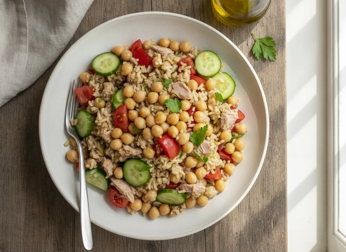 Ensalada de garbanzos con arroz integral y atún photo