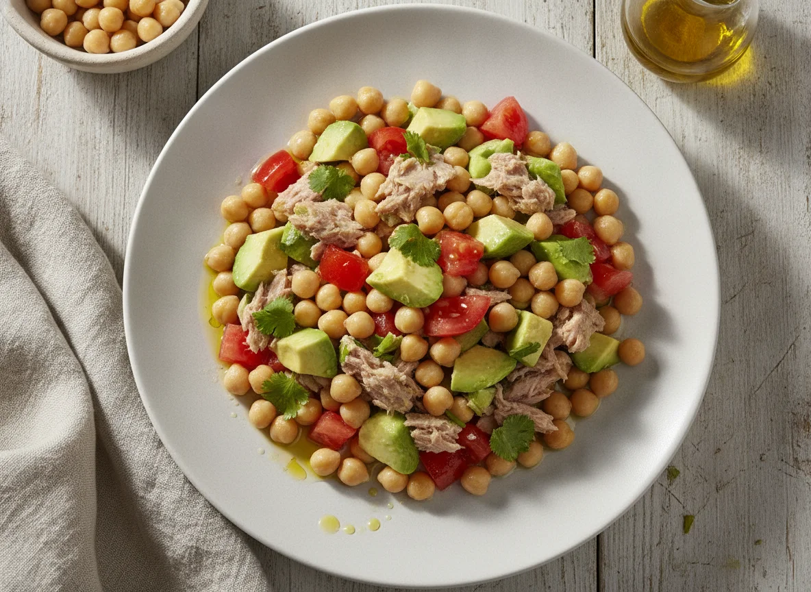Ensalada de garbanzos con atún y aguacate photo