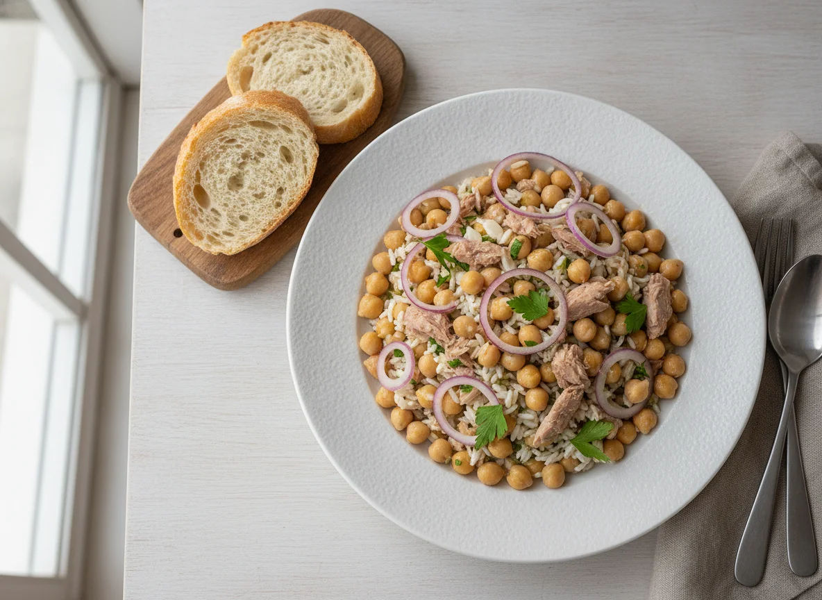 Ensalada de garbanzos con atún y arroz photo