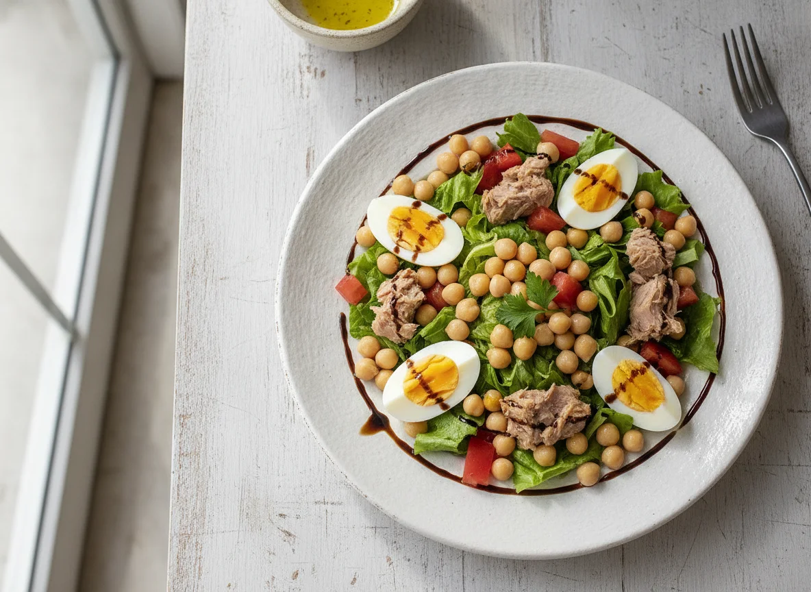 Ensalada de garbanzos con atún y huevo photo