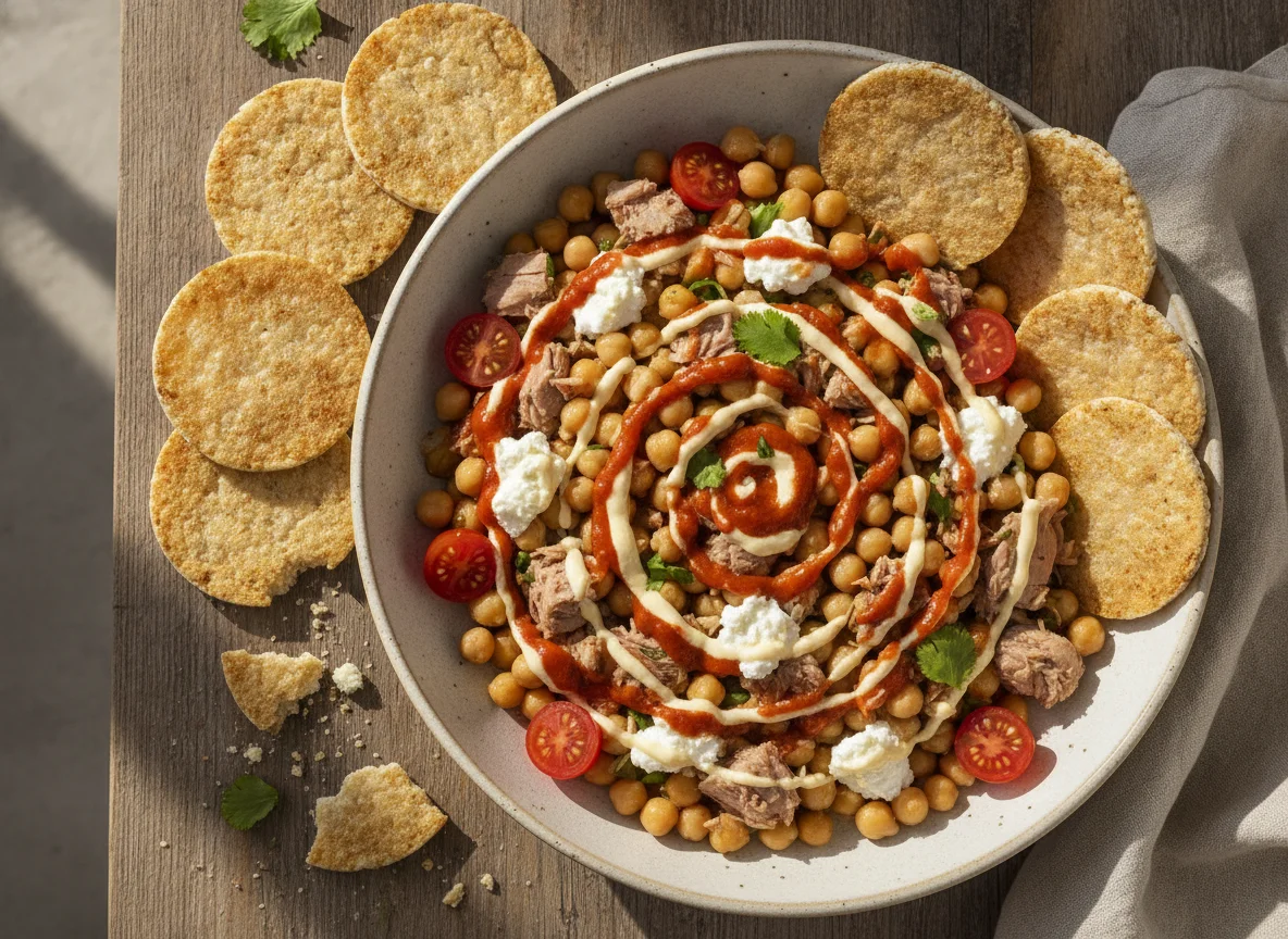 Ensalada de garbanzos con atún y tortitas de arroz photo