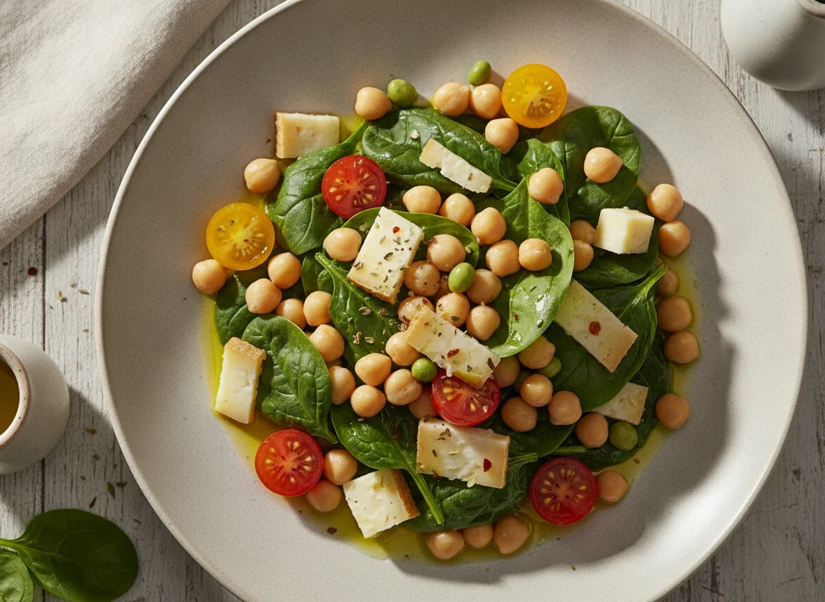 Ensalada de garbanzos con espinacas y queso photo