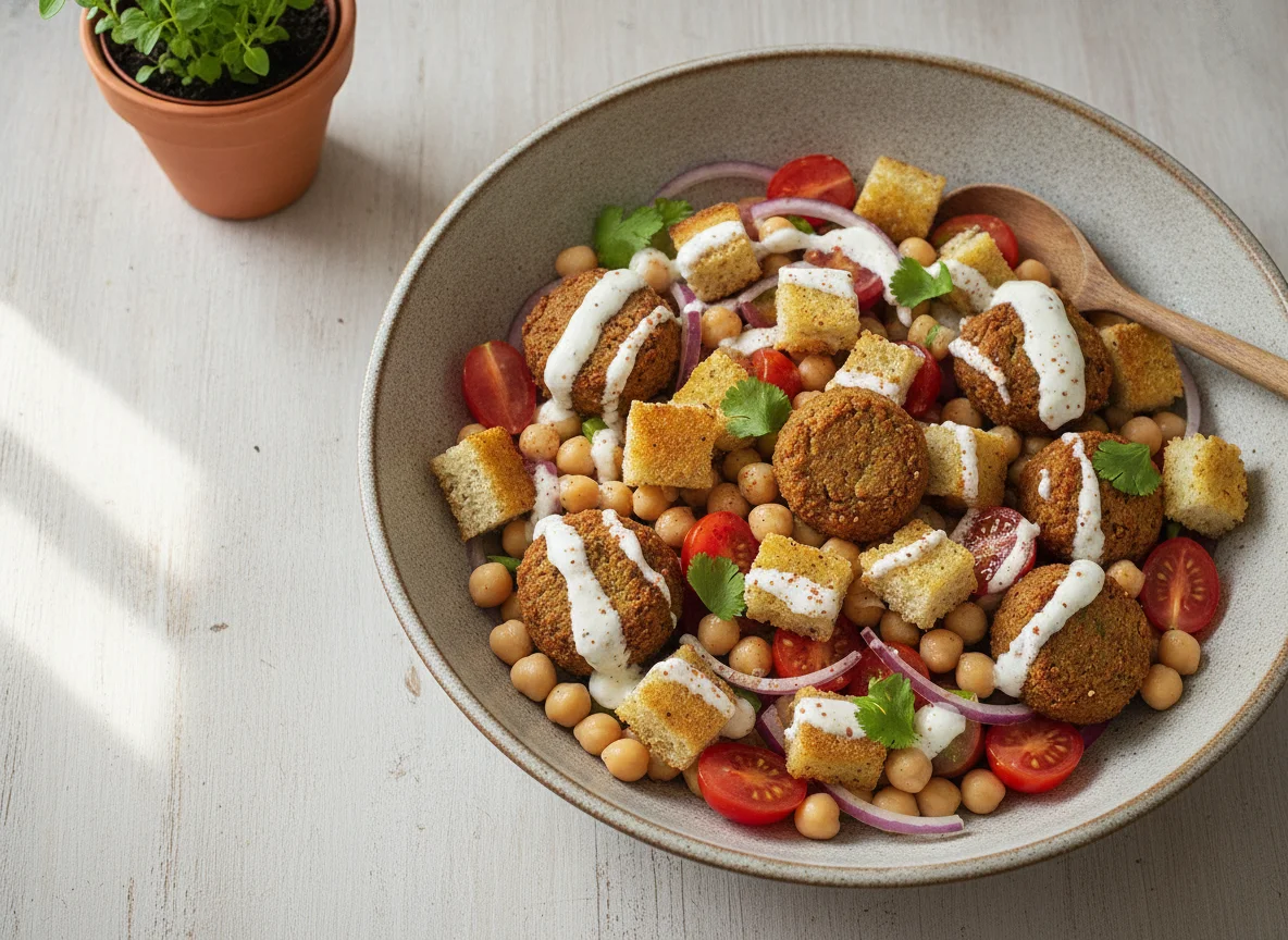 Ensalada de garbanzos con falafel y croutons photo
