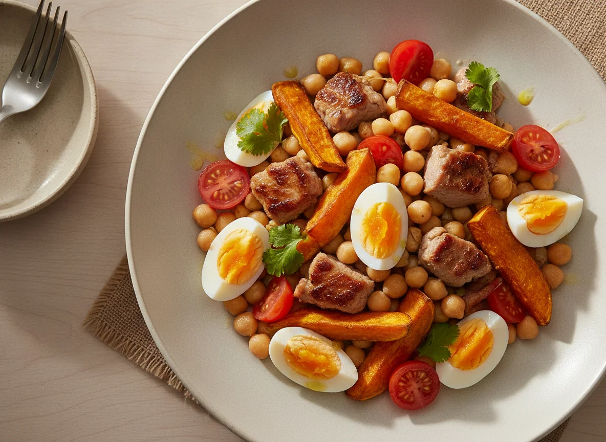 Ensalada de garbanzos con huevo, solomillo de cerdo y boniato frito photo