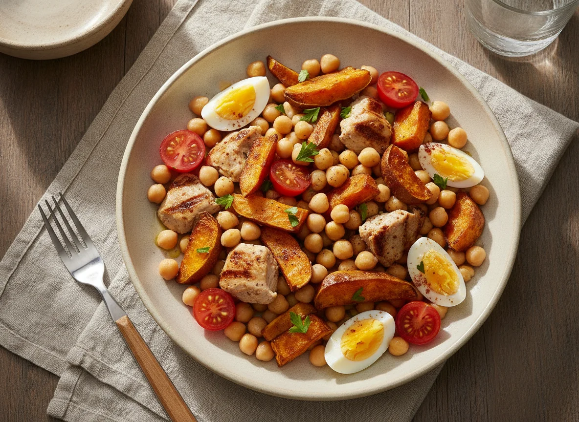 Ensalada de garbanzos con pavo y boniato frito photo