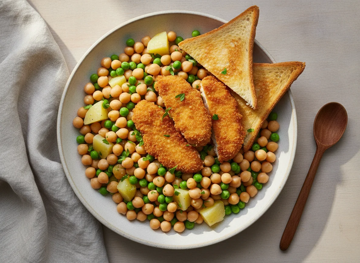 Ensalada de garbanzos con pollo empanado y tostada photo