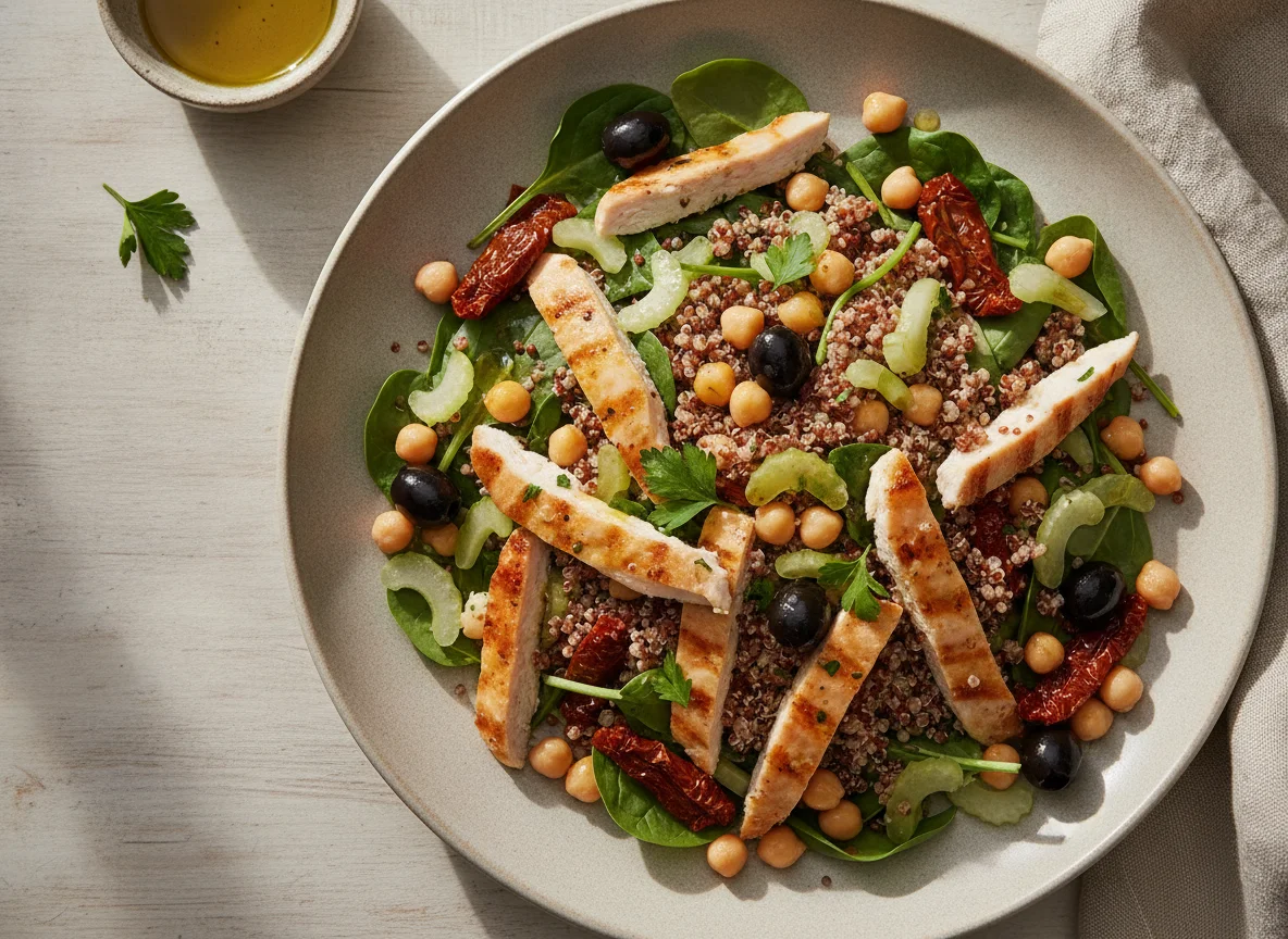 Ensalada de garbanzos con pollo y quinoa roja photo